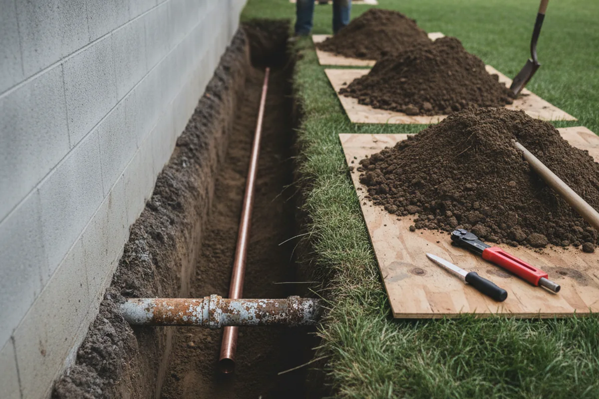 Excavated water line trench during Water Softener Installation in Mesquite
